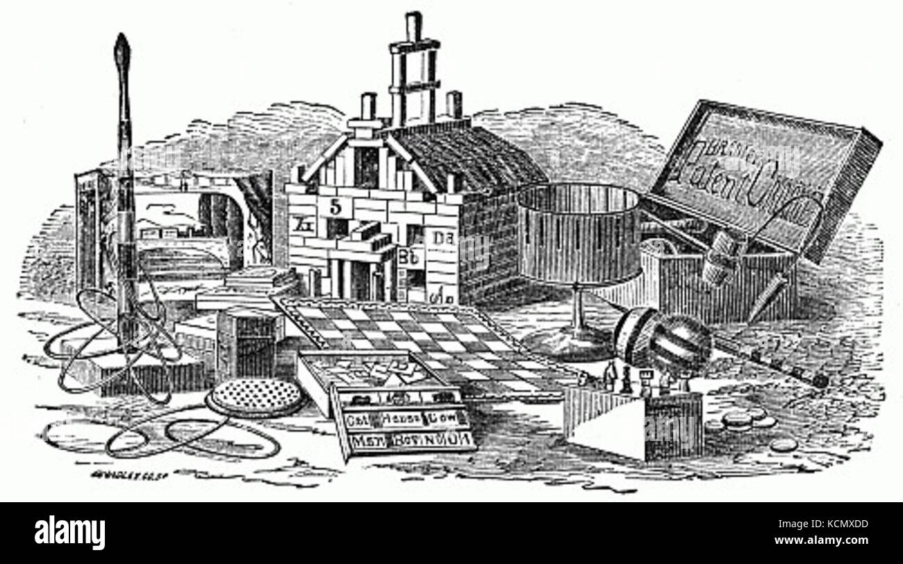 Questo disegno illustra una collezione di giocattoli vintage, che mostrano il loro design e la loro maestria artigianale. I giocattoli rappresentano una parte significativa della storia dell'infanzia, riflettendo gli aspetti culturali e tecnologici delle generazioni passate. Foto Stock