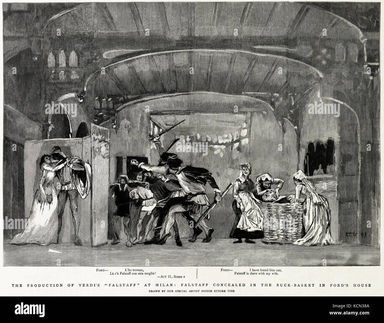 Ettore Tito la produzione di Verdi le Falstaff a Milano Falstaff nascosto nel cestello di Buck in Ford's House Foto Stock