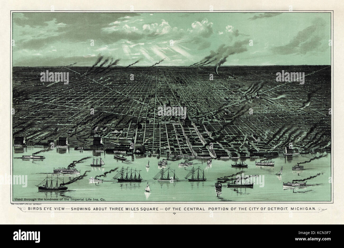 Vista panoramica di Detroit, Michigan, 1889 . Calvert Lithographing Co. Foto Stock