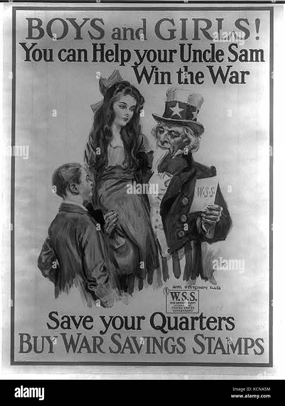 Un poster dell'era della Prima Guerra Mondiale che incoraggia i bambini a contribuire allo sforzo bellico risparmiando i loro quarti di dollaro e acquistando francobolli di risparmio bellico per aiutare Zio Sam a vincere la guerra. Foto Stock