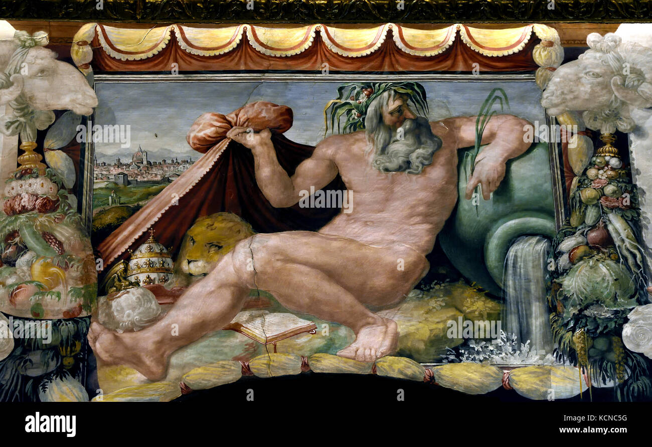 Munificenza Sala di Giovanni da San Giovanni, 1635, affresco, Galleria Palatina a Palazzo Pitti, Firenze Italia italiano ( Giovanni da San Giovanni è stato commissionato nel 1635 per decorare questa stanza comunemente denominato dopo di lui gli ornamenti in stucco sono effettivamente dipinta, ma evocano un senso di opulenza e ricchezza). Foto Stock