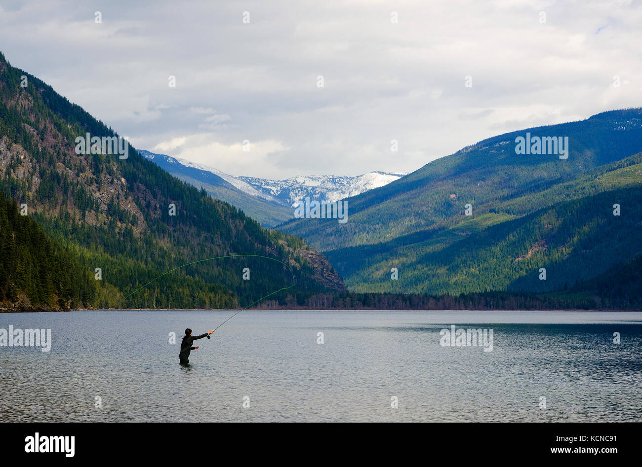 Giovane donna di pesca a mosca nel Mabel lago vicino Lumby nella regione Okanagan della British Columbia, Canada Foto Stock
