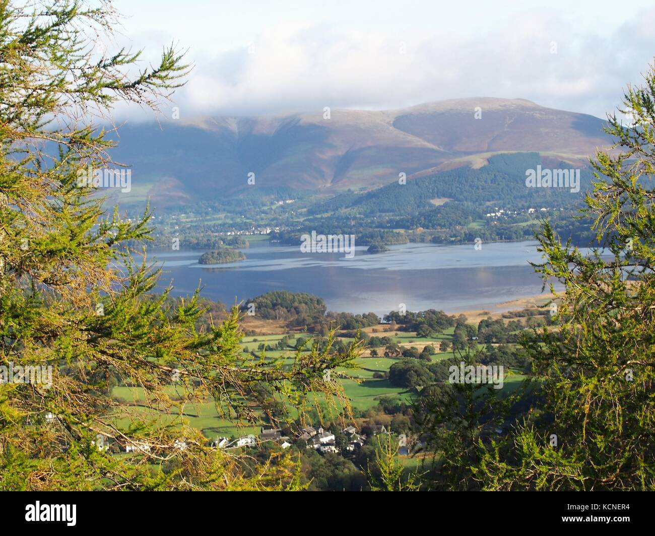 Derwentwater con keswick al di là dalla rupe del castello, parco nazionale del distretto dei laghi, cumbria, Regno Unito Foto Stock