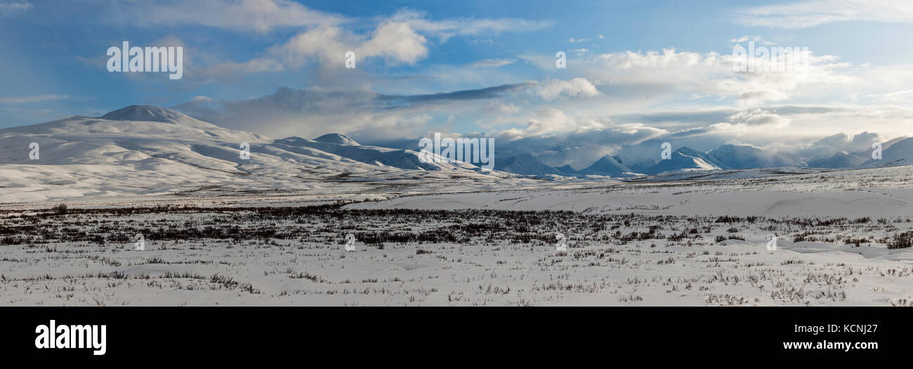 Una coperta di neve, buckbrush riempito, elevato altopiano tundra scenic con il mckenzie montagne sullo sfondo vicino dechenla lodge sulla canol Heritage Trail, nord ovest territori, Canada Foto Stock