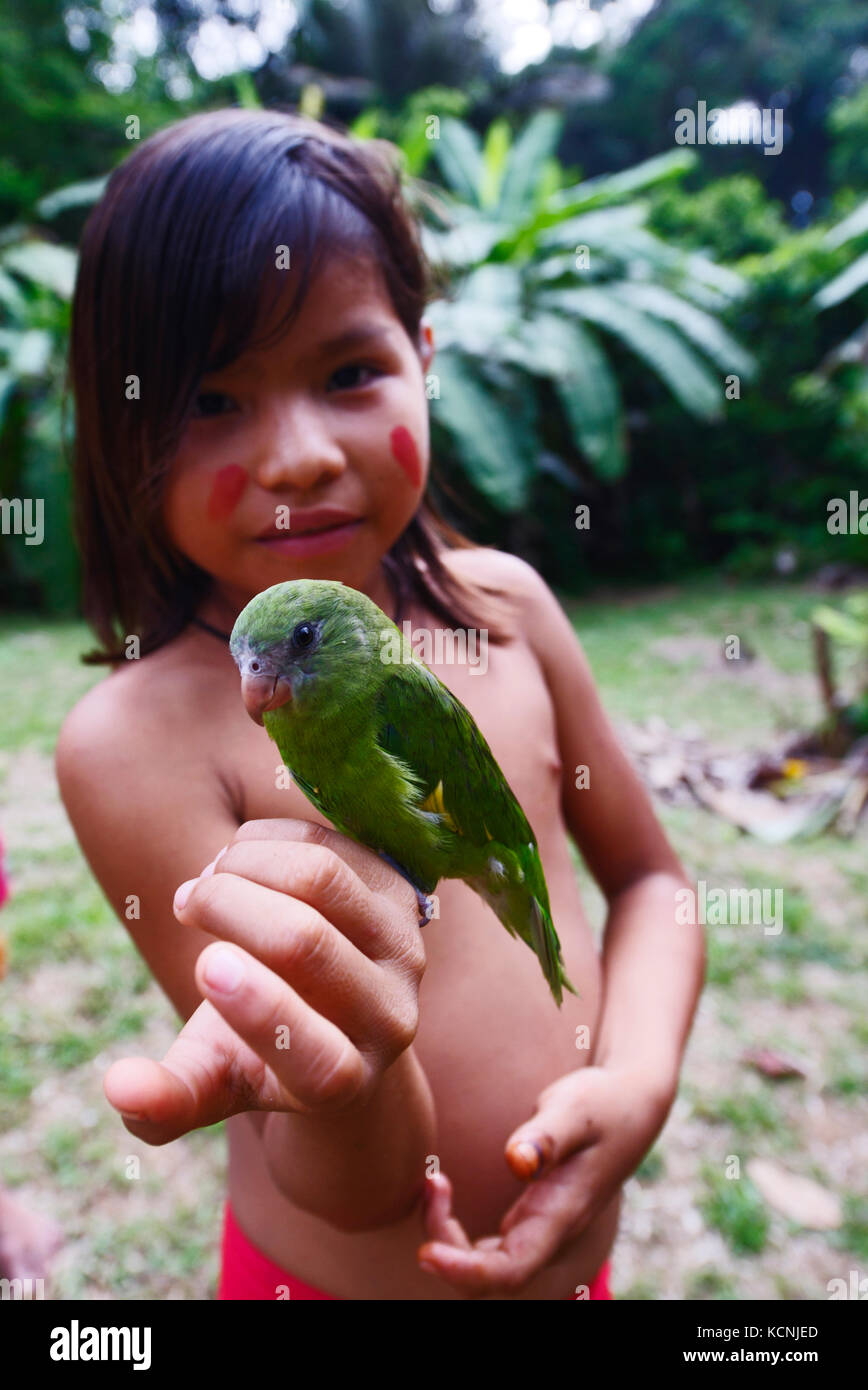 Yahua (Yaguar) ragazza con pet bianco-winged parrocchetto su Amazon Perù vicino a Iquitos Foto Stock