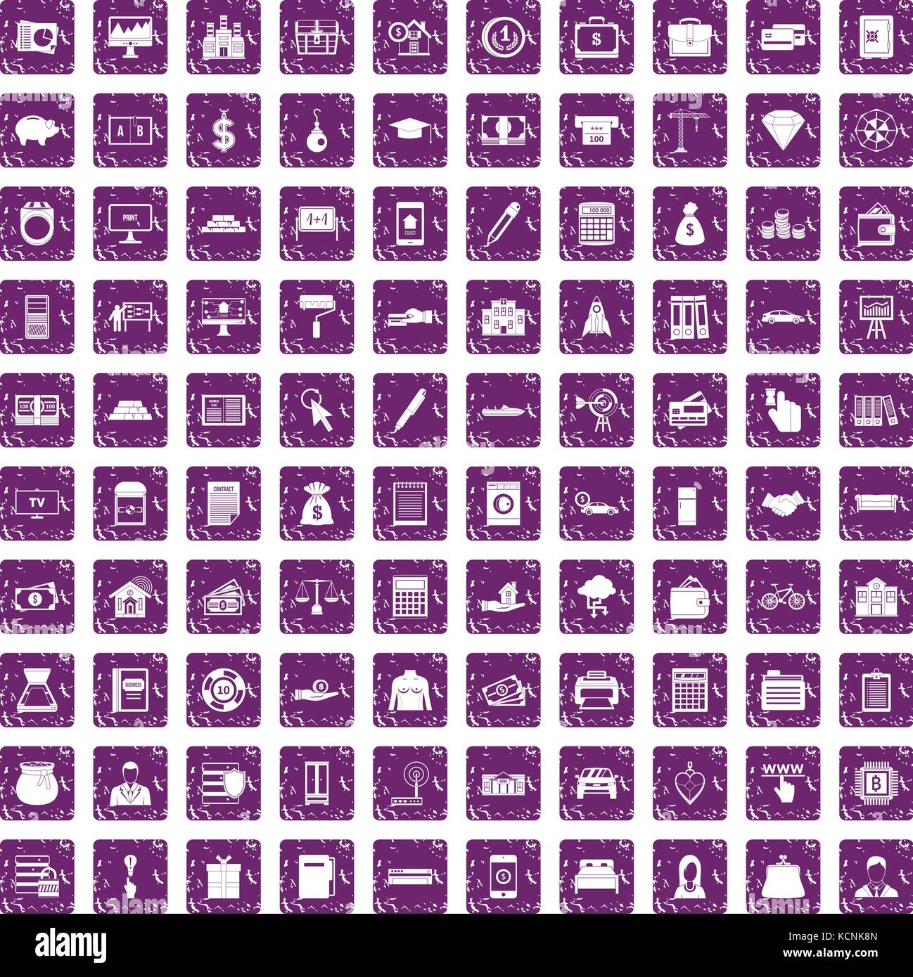 100 credito set di icone grunge viola Illustrazione Vettoriale