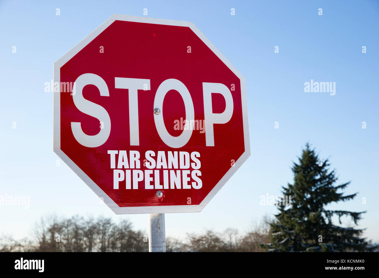 STOP Sign modificato per protestare contro il progetto di espansione della pipeline proposto da Kinder Morgan, Burnaby Mountain, British Columbia Foto Stock