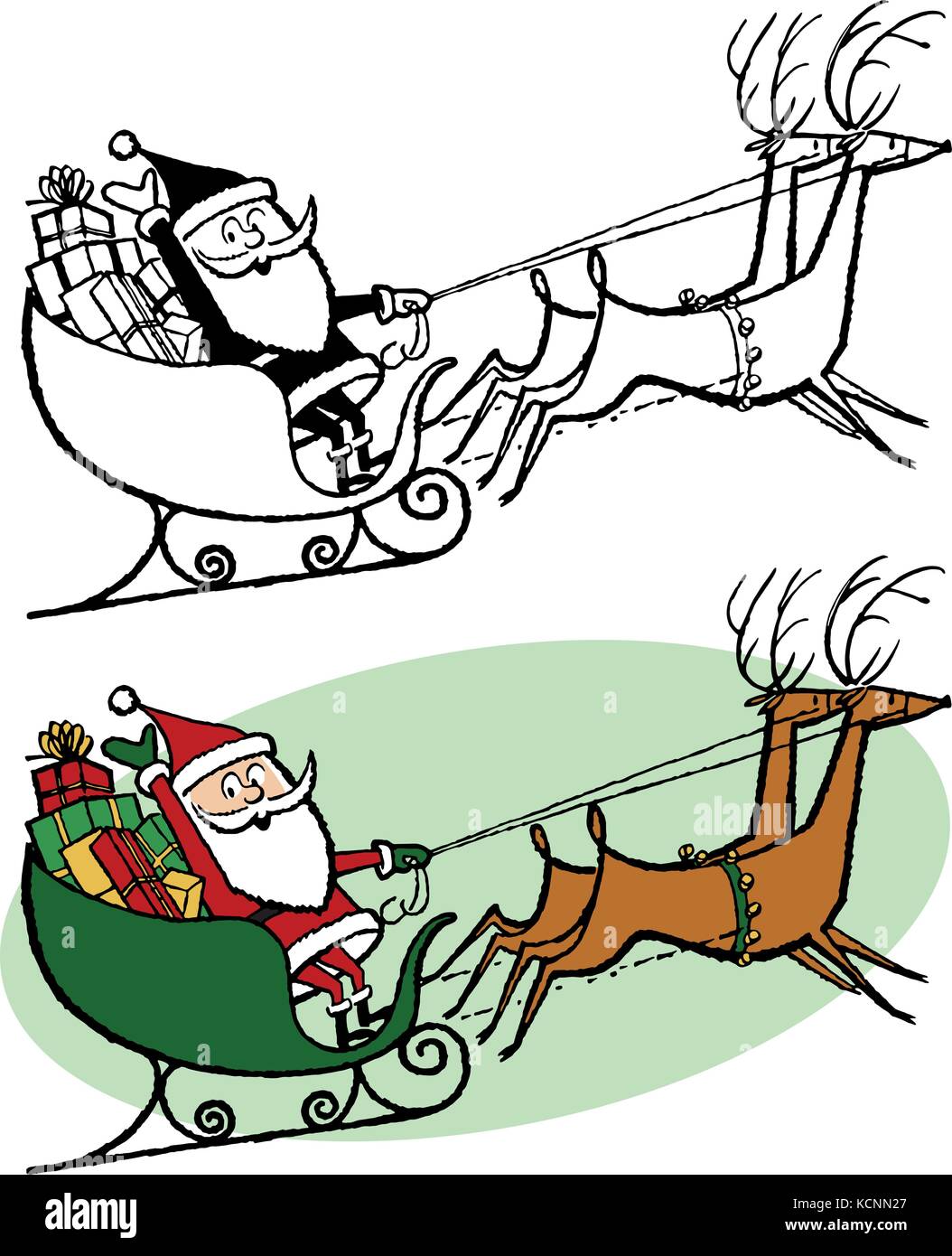 Babbo Natale nella sua slitta con le renne volanti offrendo presenta alla vigilia di Natale Illustrazione Vettoriale