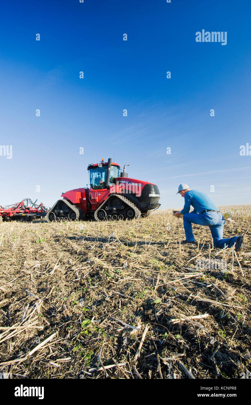 Imprenditore nel campo /Quad-Trac il trattore e la seminatrice pneumatica la semina di grano di inverno in uno zero fino al campo in background, vicino Lorette, Manitoba, Canada Foto Stock