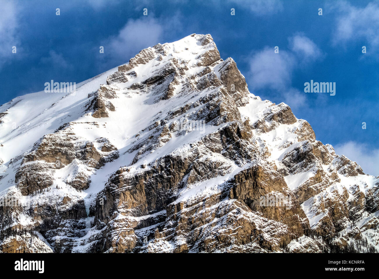 Kananaskis montagne parte della Canadian Rockies. Robusto e rocciose, montagne maestose, contro aa profondo cielo blu, come essi si elevano al di sopra della linea di albero. Kananaskis Parco Provinciale, Alberta, Canada. Foto Stock