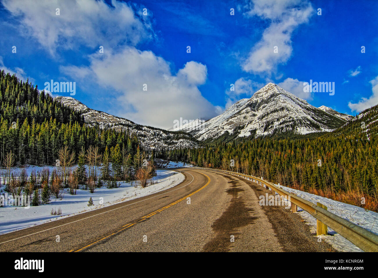 Kananaskis montagne parte della Canadian Rockies. Robusto e rocciose, montagne maestose, contro come profondo cielo blu, come essi si elevano al di sopra della linea di albero. Kananaskis Parco Provinciale, Alberta, Canada. Foto Stock