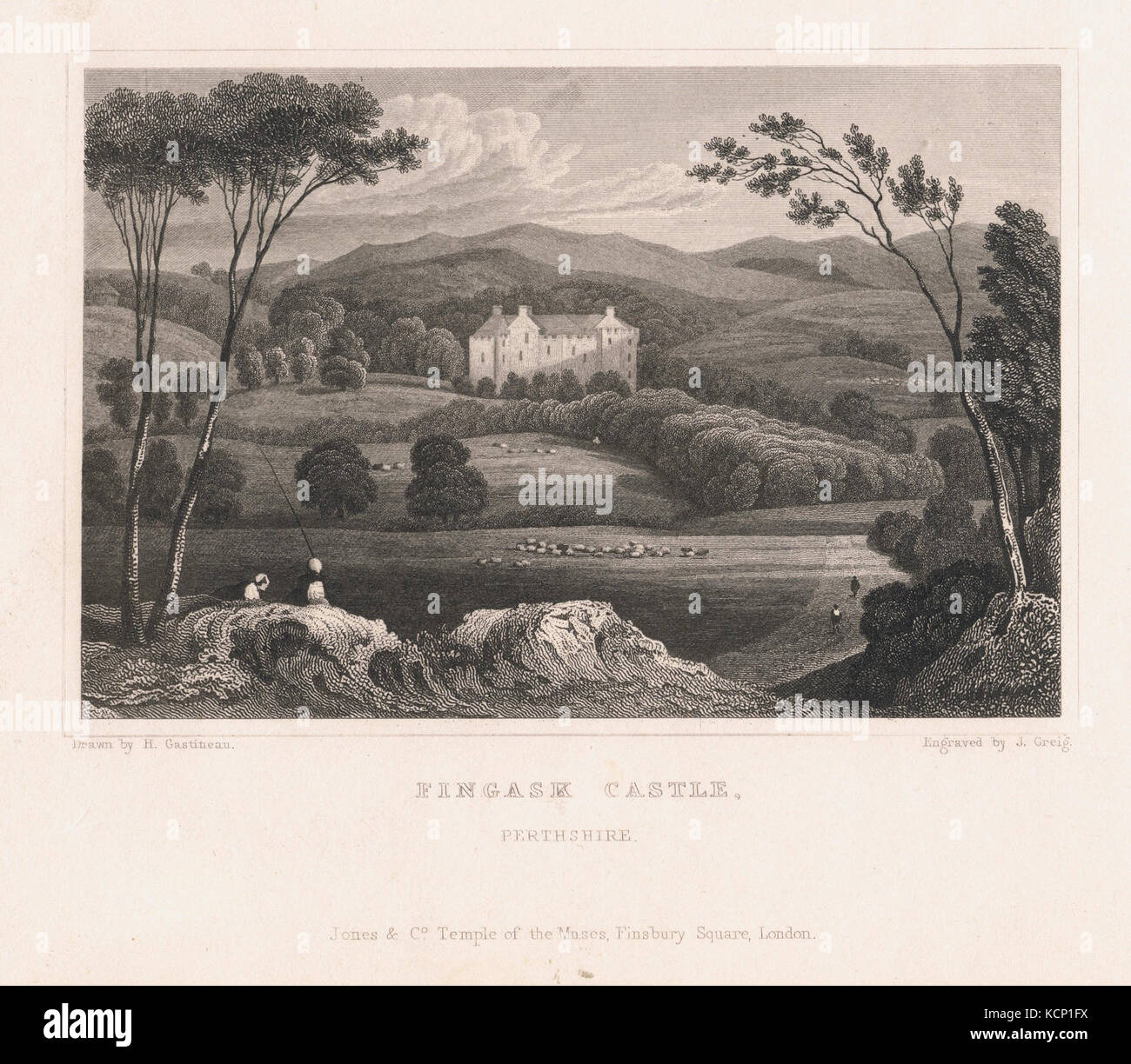 La piastra di rame di incisione Fingask Castello, Perthshire. Incisi da John Greig dopo Henry Gastineau. c. 1830 Foto Stock