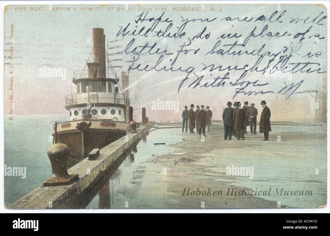 Fire barca, 'Abram S. Hewitt', durante il terminale 1905 Fire Hoboken, N.J. Con timbro postale 9 Maggio 1908 Foto Stock