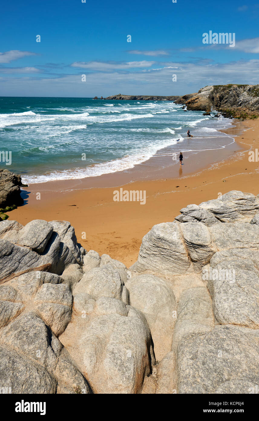 La costa rocciosa della Costa Sauvage Quiberon Bretagna Francia Foto Stock