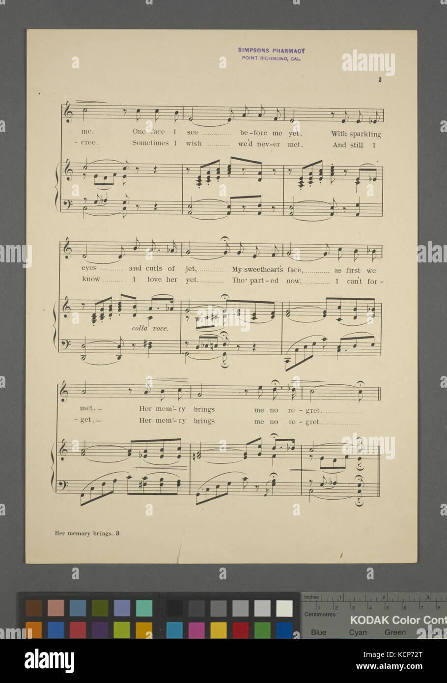 Questo spartito del 1894 contiene la canzone "Her Memory Bands me No Repence", composta da Reginald De Koven e pubblicata da G. Schirmer. È un pezzo romantico e malinconico che riflette temi di amore e perdita, conservato nella collezione della New York Public Library. Foto Stock