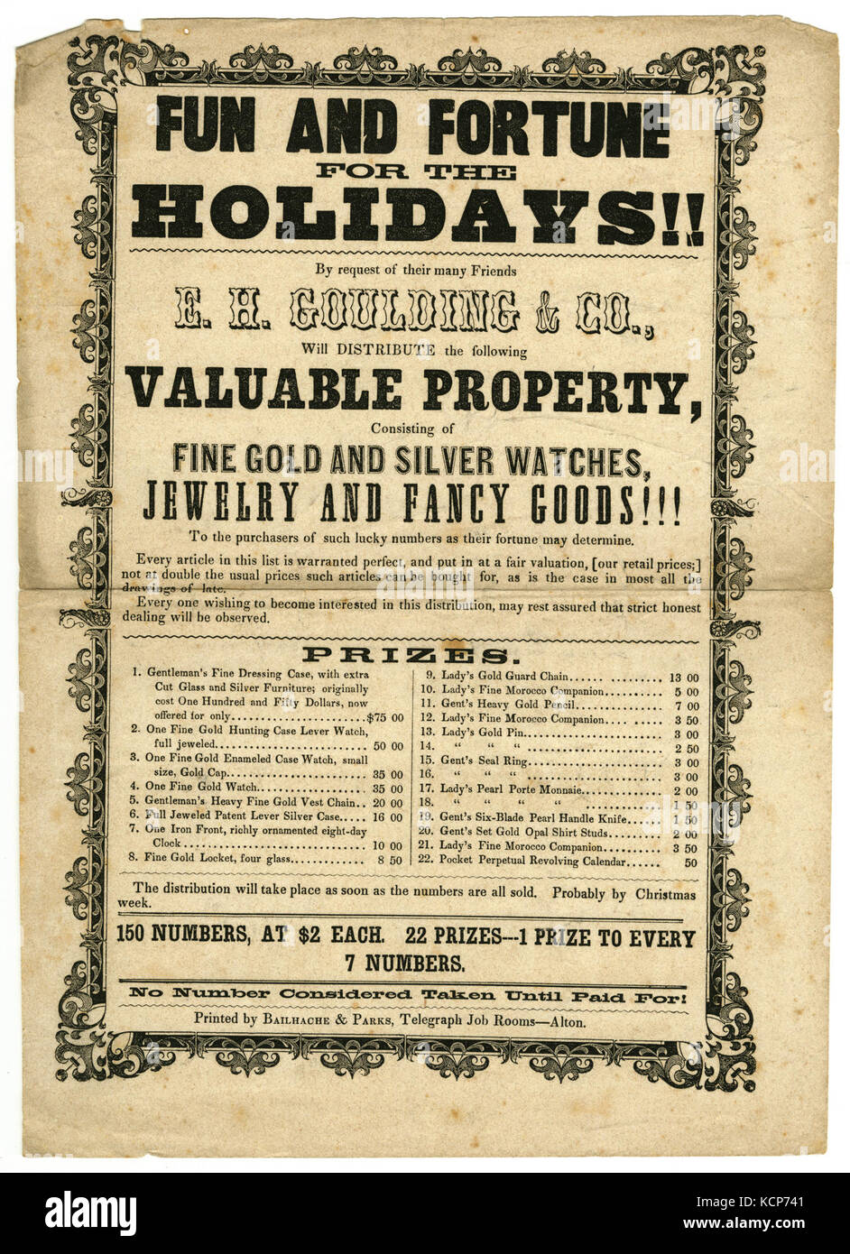 Questa borsetta di E.H. Goulding and Co. Pubblicizza una lotteria pre-Natale con premi tra cui gioielli, orologi e articoli in pelle. Risale alla fine del XIX secolo ad Alton, Illinois, catturando le pratiche commerciali del periodo. Foto Stock