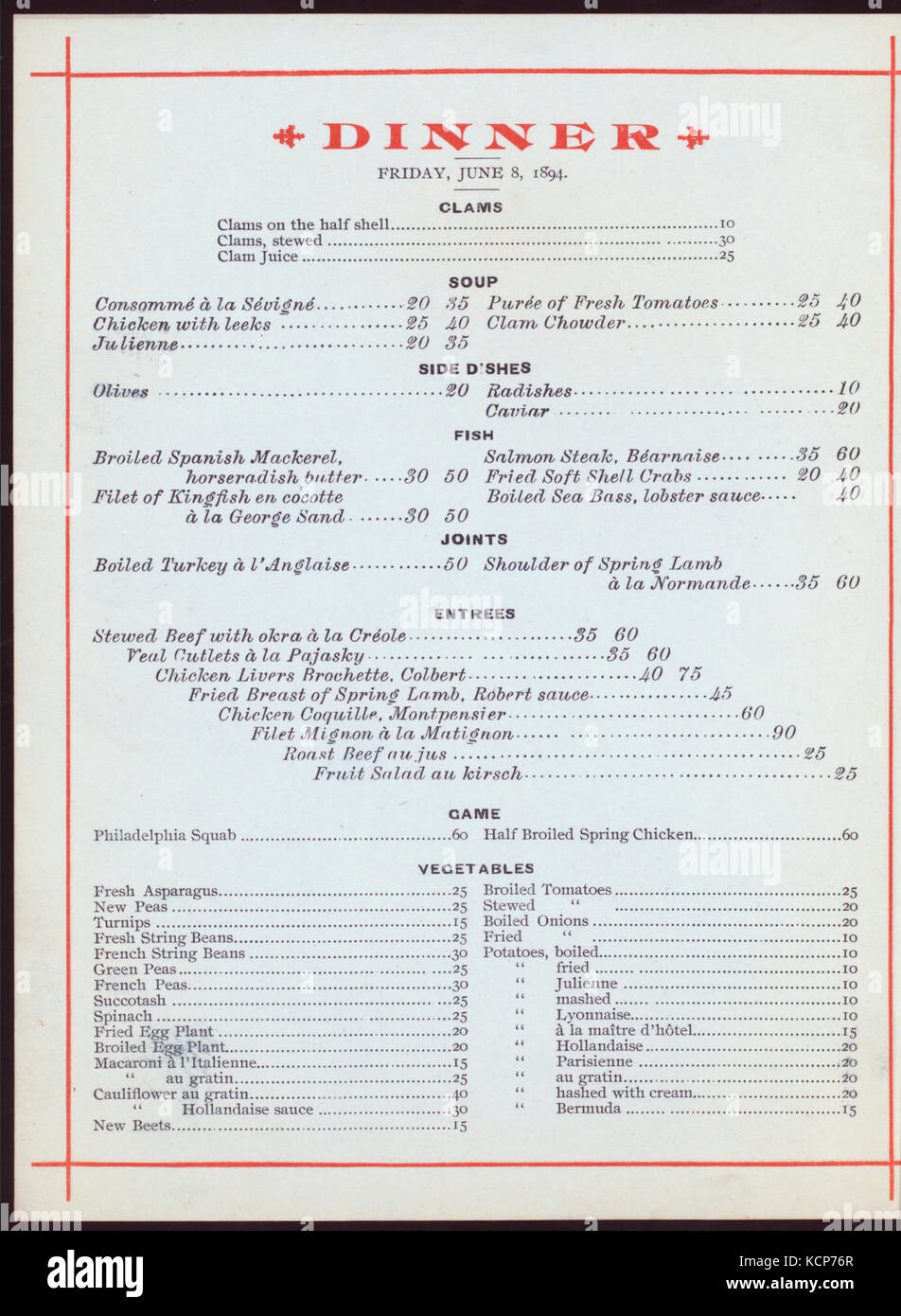 Cena giornaliera (detenute da) UNION CLUB (a) (altri (club);) (NYPL ADE 270388 4000002636) Foto Stock