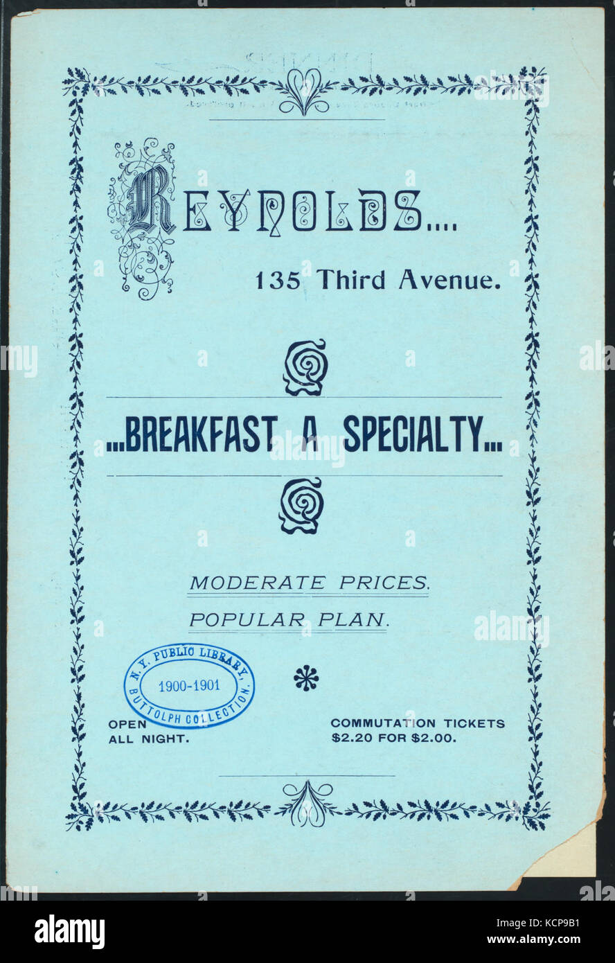 MENU DEL GIORNO (detenute da) REYNOLDS (at) 135 TERZO AVE. NY (RESTO;) (NYPL ADE 272297 475265) Foto Stock