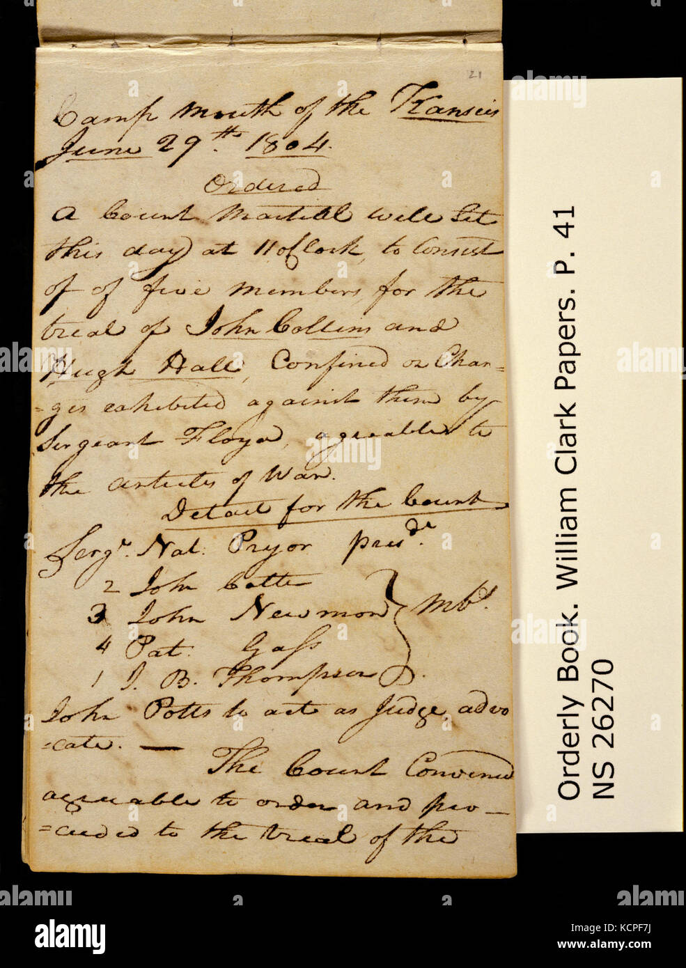 La Clark Family Collection include un libro ordinato del 29 giugno 1804. La voce descrive in dettaglio le attività militari e gli eventi dell'epoca, documentando la vita quotidiana durante la prima storia americana e l'organizzazione militare. Foto Stock