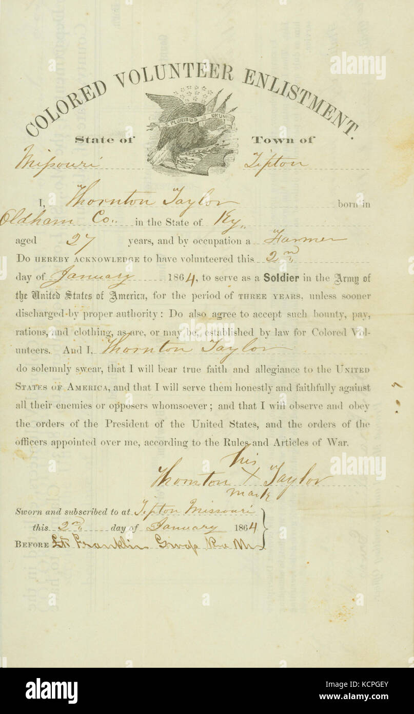 Colorate arruolamento volontario di Thornton Taylor, giurato e sottoscritto su Tipton, Missouri, 2 gennaio 1864 Foto Stock