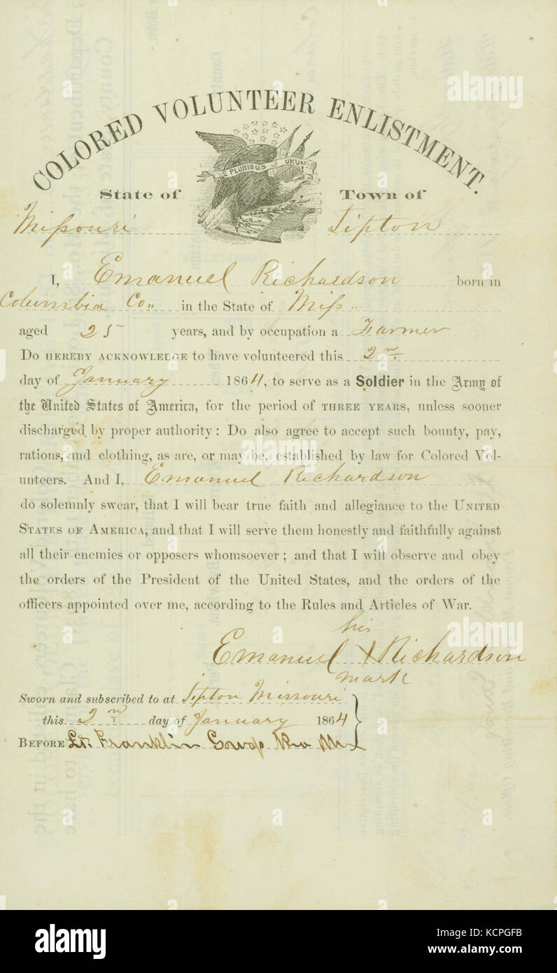 Colorate arruolamento volontario di Emanuel Richardson, giurato e sottoscritto su Tipton, Missouri, 2 gennaio 1864 Foto Stock