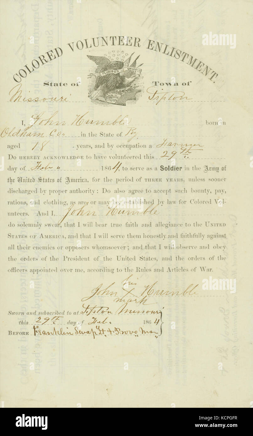 Colorate arruolamento volontario di Giovanni umile, giurato e sottoscritto su Tipton, Missouri, 29 Febbraio 1864 Foto Stock
