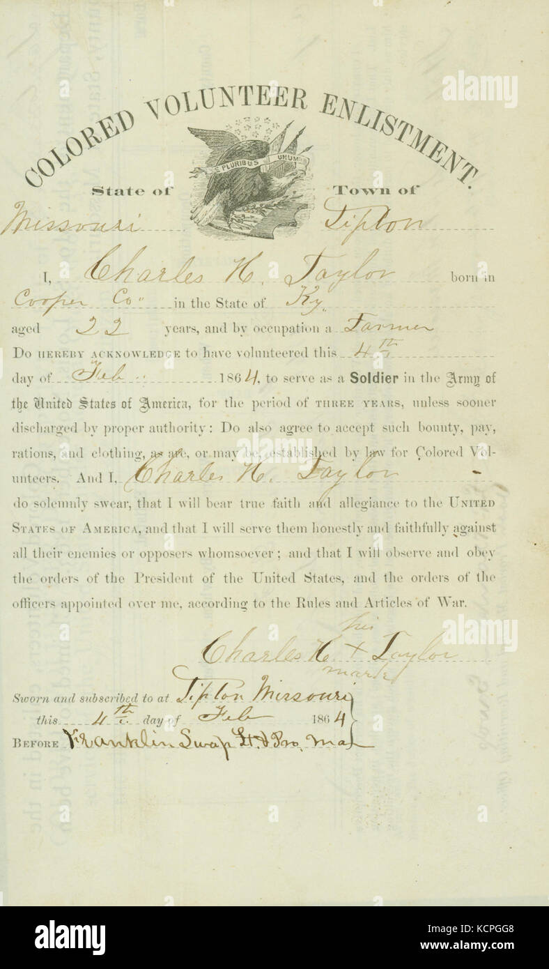 Colorate arruolamento volontario di Charles H. Taylor, giurato e sottoscritto su Tipton, Missouri, 4 febbraio 1864 Foto Stock