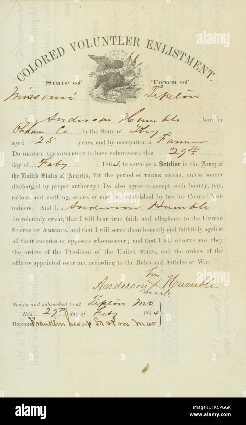 Colorate arruolamento volontario di Anderson umile, giurato e sottoscritto su Tipton, Missouri, 29 Febbraio 1864 Foto Stock