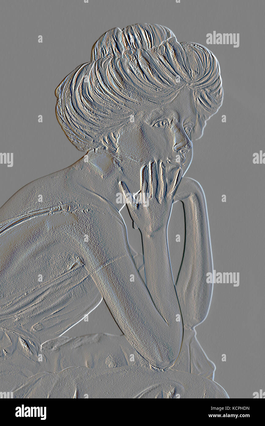 Parte di ornamento di donna con mento in mani e gomiti appoggiato sulle ginocchia - Effetto in rilievo in argento Foto Stock
