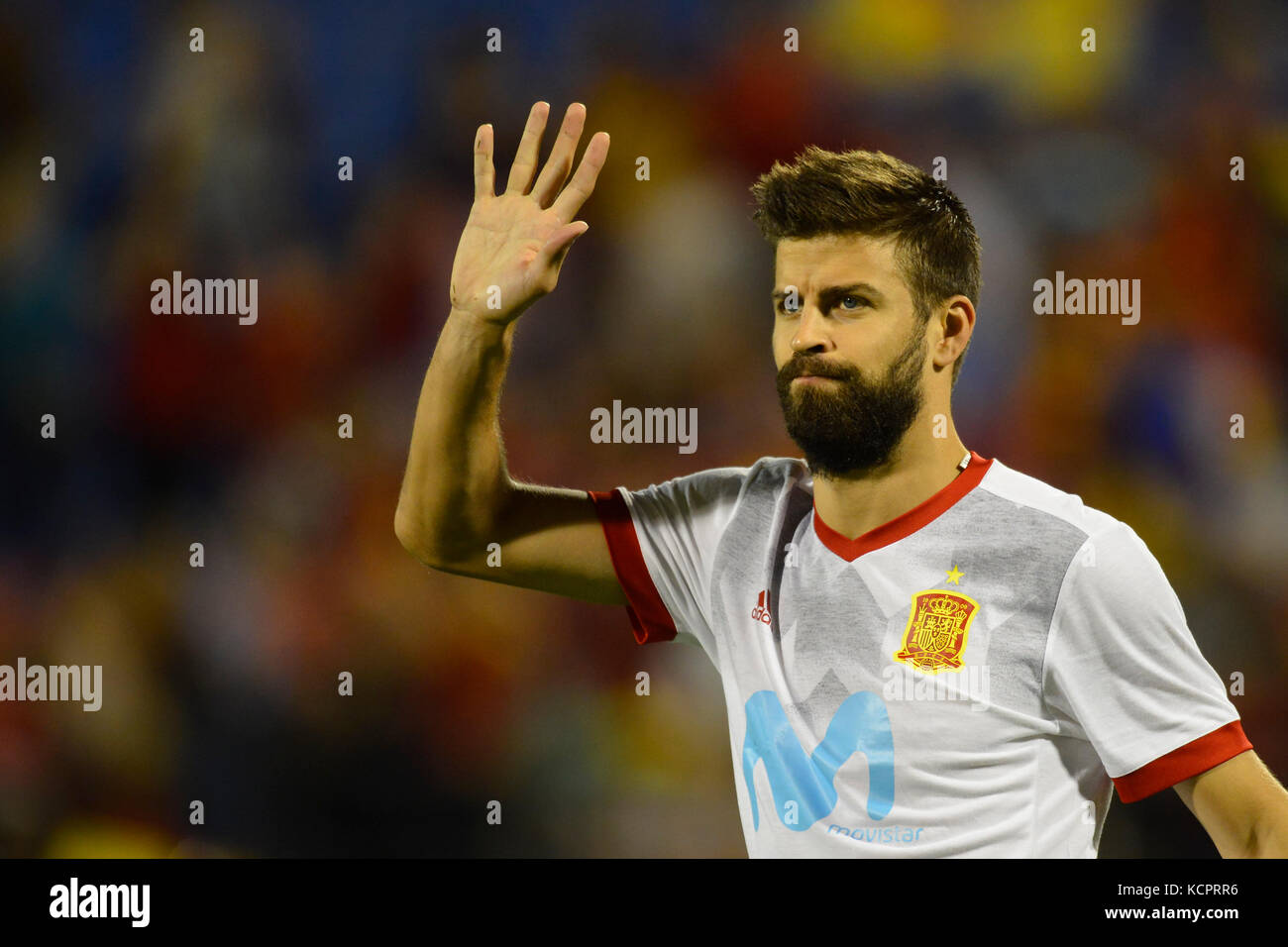 Pique durante la partita di qualificazione per la Coppa del mondo Russia 2018 tra Spagna e Albania, stadio Rico Perez, Alicante Spagna. 6 ottobre 2017. Foto Stock