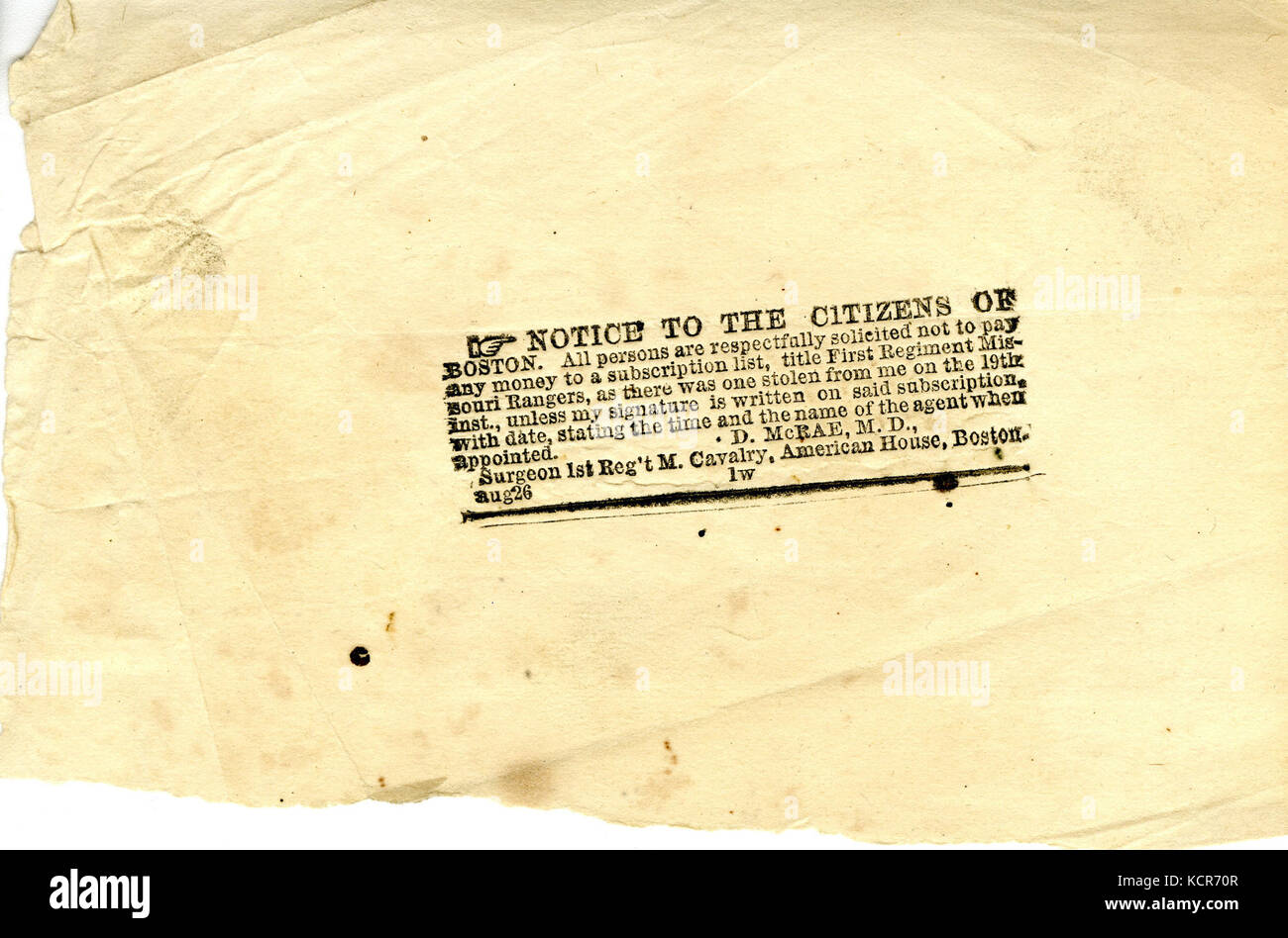 Avviso di circolare per i cittadini di Boston, circa 1861 Foto Stock