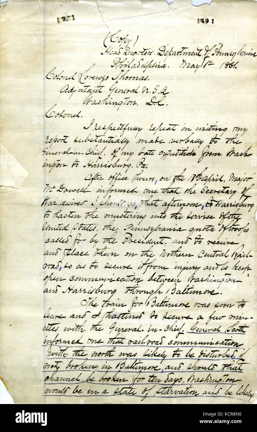 Copia della relazione del Fitz John Porter, capo quarti, Dipartimento della Pennsylvania, Philadelphia, al colonnello Lorenzo Thomas, Aiutante Generale, U.S.A., Washington, 1 maggio 1861 Foto Stock