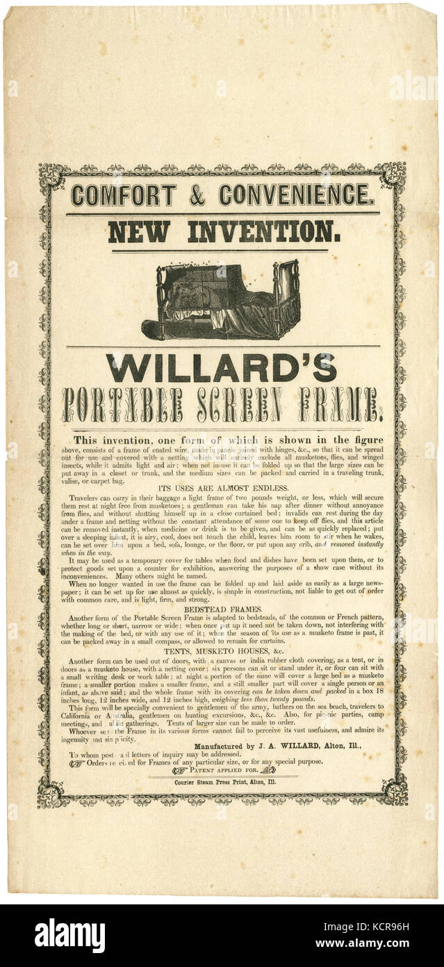 La pubblicità per la nuova invenzione, Willard portatile del telaio dello schermo, per uso come tende, Musketo (sic) case, e bagnanti in mare beach, ca. 1850 Foto Stock