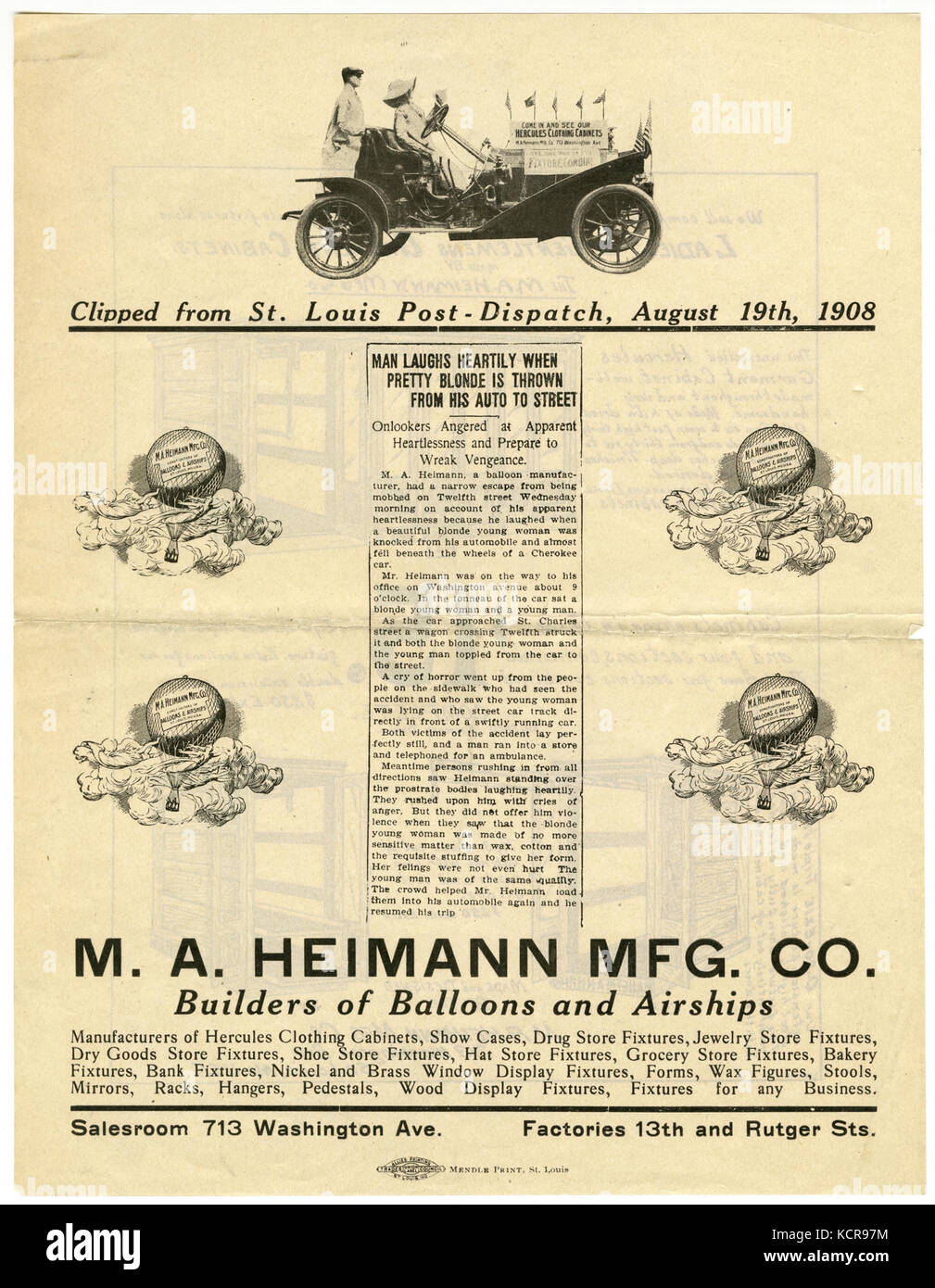 Questo foglio pubblicitario del 1908 mostra le attività della M.A. Heimann Manufacturing Company al 713 Washington Avenue, St. Louis, Missouri, evidenziando le sue fabbriche sulla 13th Street e Rutger Street. Fornisce un'occhiata alle pratiche di produzione e pubblicità industriale dei primi anni del XX secolo negli Stati Uniti Foto Stock