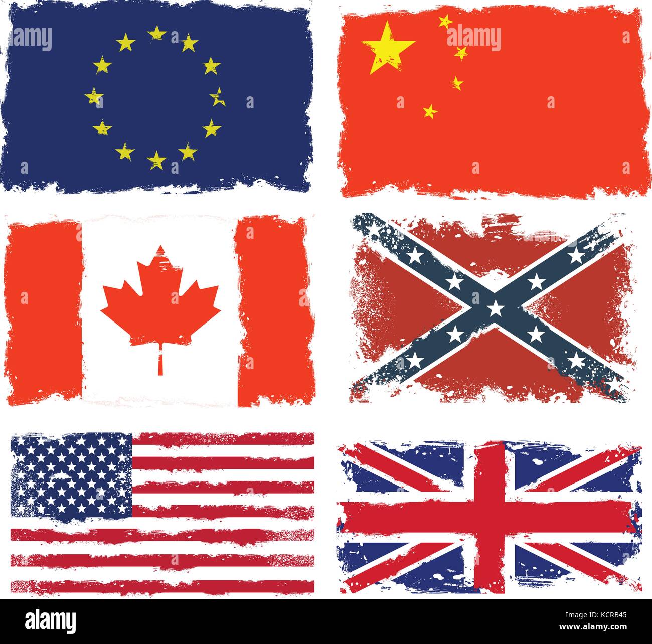 Set di squallido bandiere di Canada, Cina, esercito confederato, Unione europea, Gran Bretagna e Stati Uniti d'America Illustrazione Vettoriale