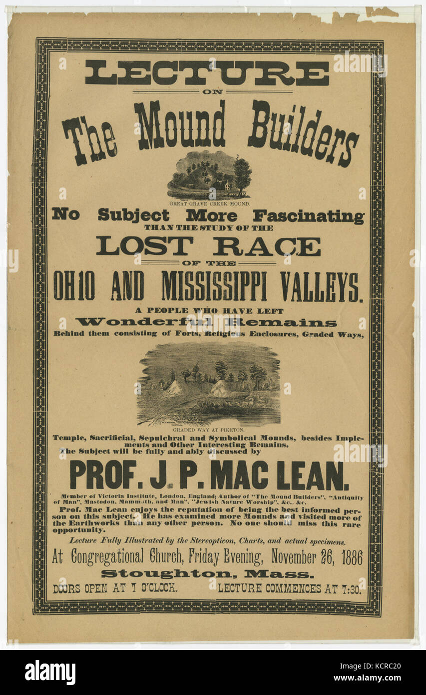 Costeggiata la promozione di conferenza sul mound builders, uno studio della perdita della gara dell'Ohio e valli del Mississippi, dal prof. J.P. MacLean, membro di istituto di Victoria, Londra, Inghilterra, 26 novembre 1886 Foto Stock