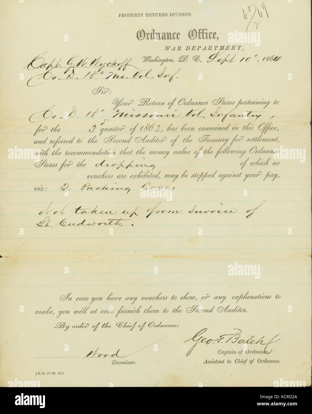 Modulo lettera firmata George T. Balch, proprietà restituita la divisione, Ordnance Office, Washington D.C., a George Wyckoff, 10 Settembre 1864 Foto Stock