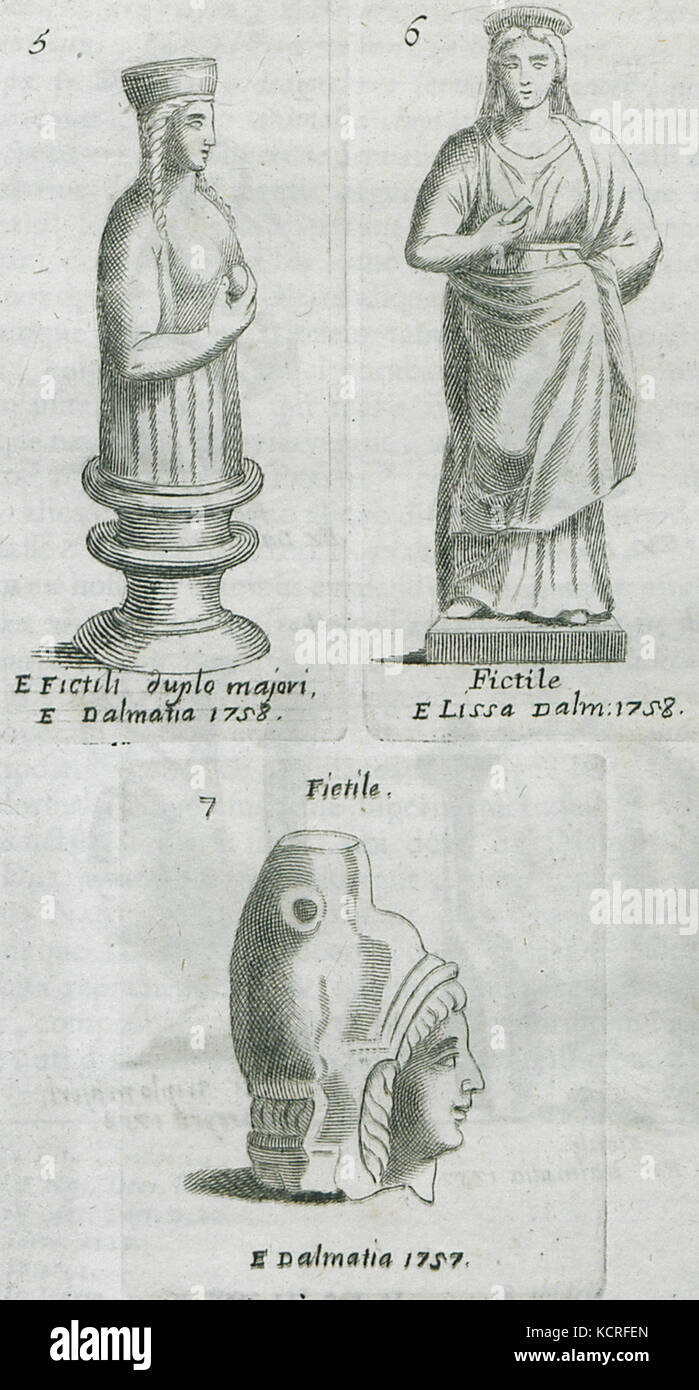 Figurina e vasi antropomorfi da Vis, Croazia Paciaudi Paolo Maria 1761 Foto Stock