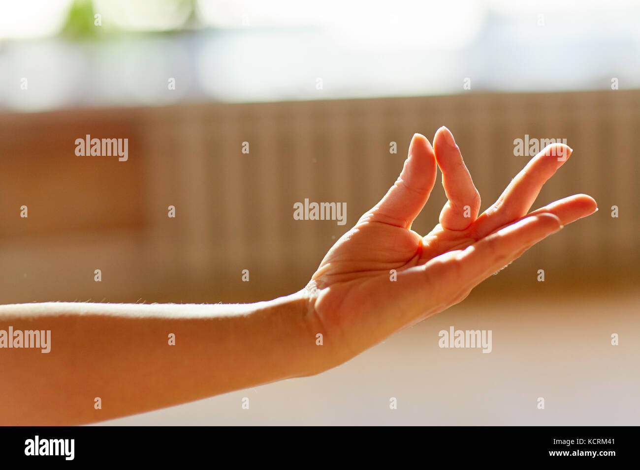 Canto di meditazione yogi donna mostra gyan mudra Foto Stock