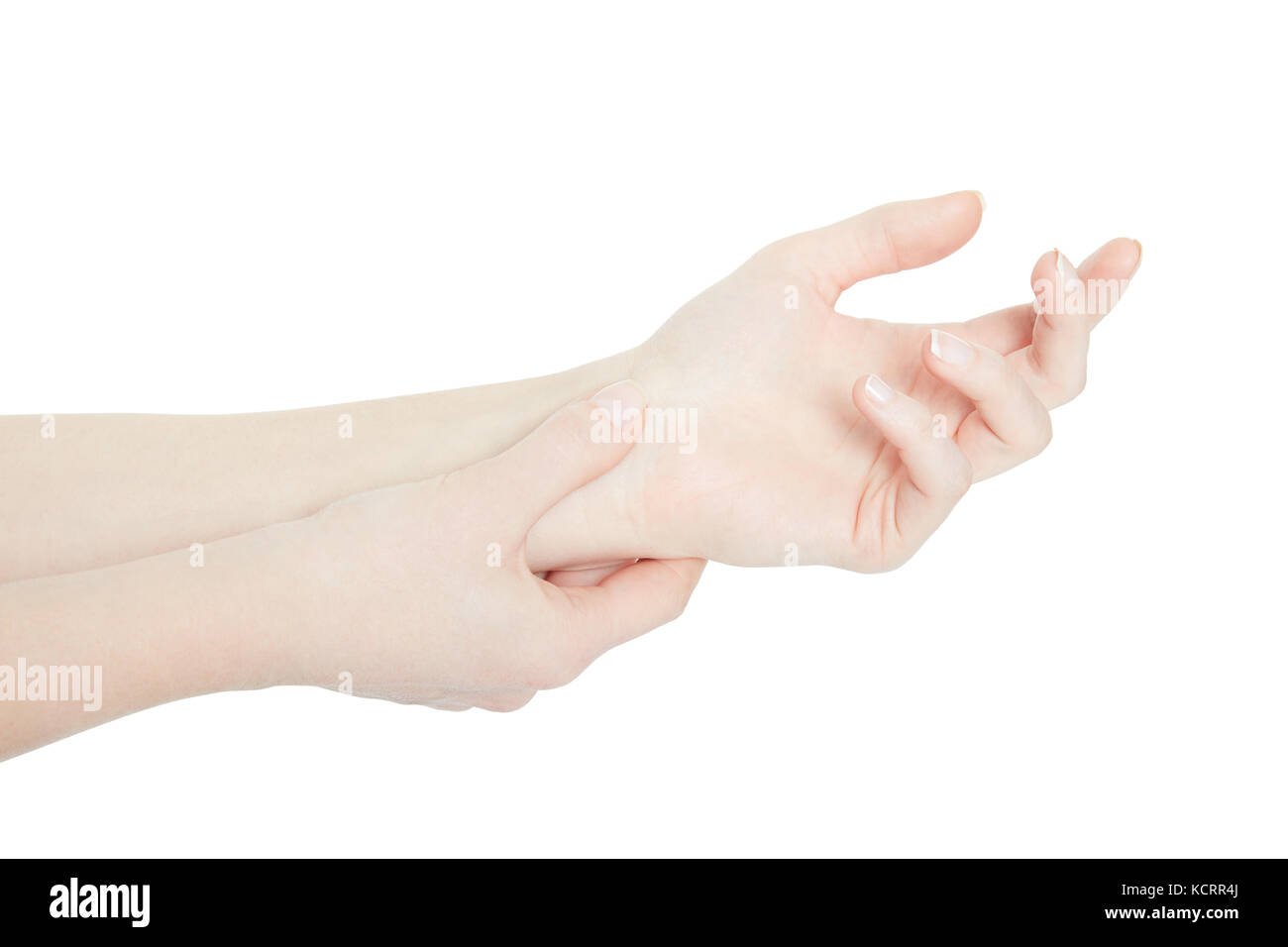 Giovane donna bracci con dolore al polso isolato su bianco, tracciato di ritaglio Foto Stock