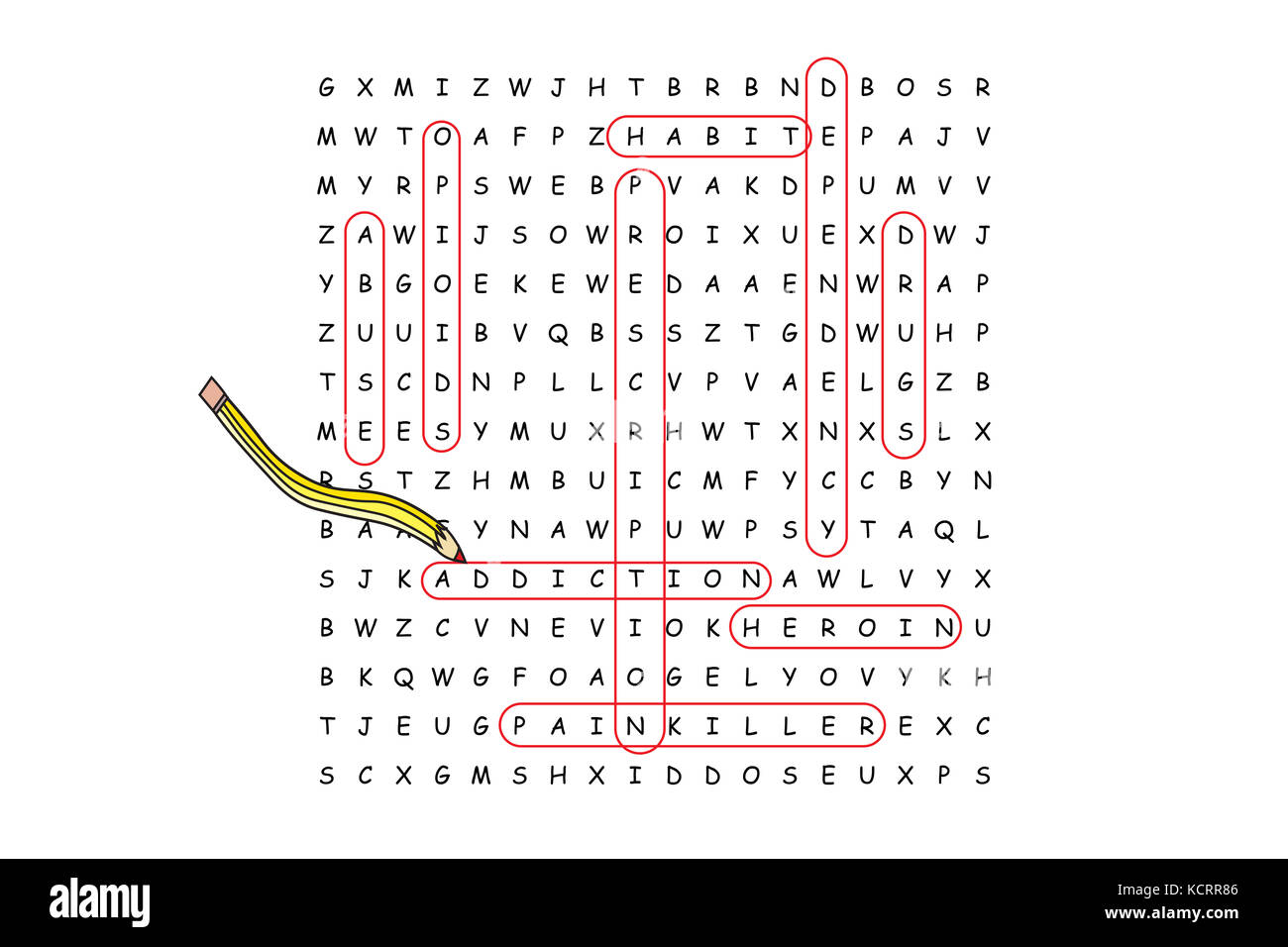 Puzzle di ricerca di parola con la dipendenza e associate parole cerchiata in rosso a matita. Foto Stock