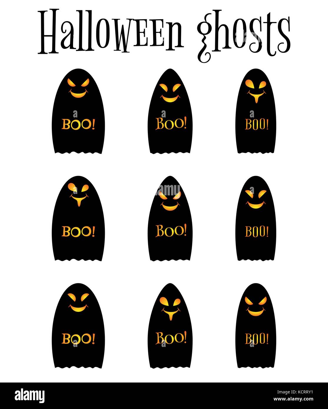 Black ghost, halloween ghost, set di vettore fantasmi halloween, vacanze elementi di decorazione con gradiente di colore arancione Illustrazione Vettoriale