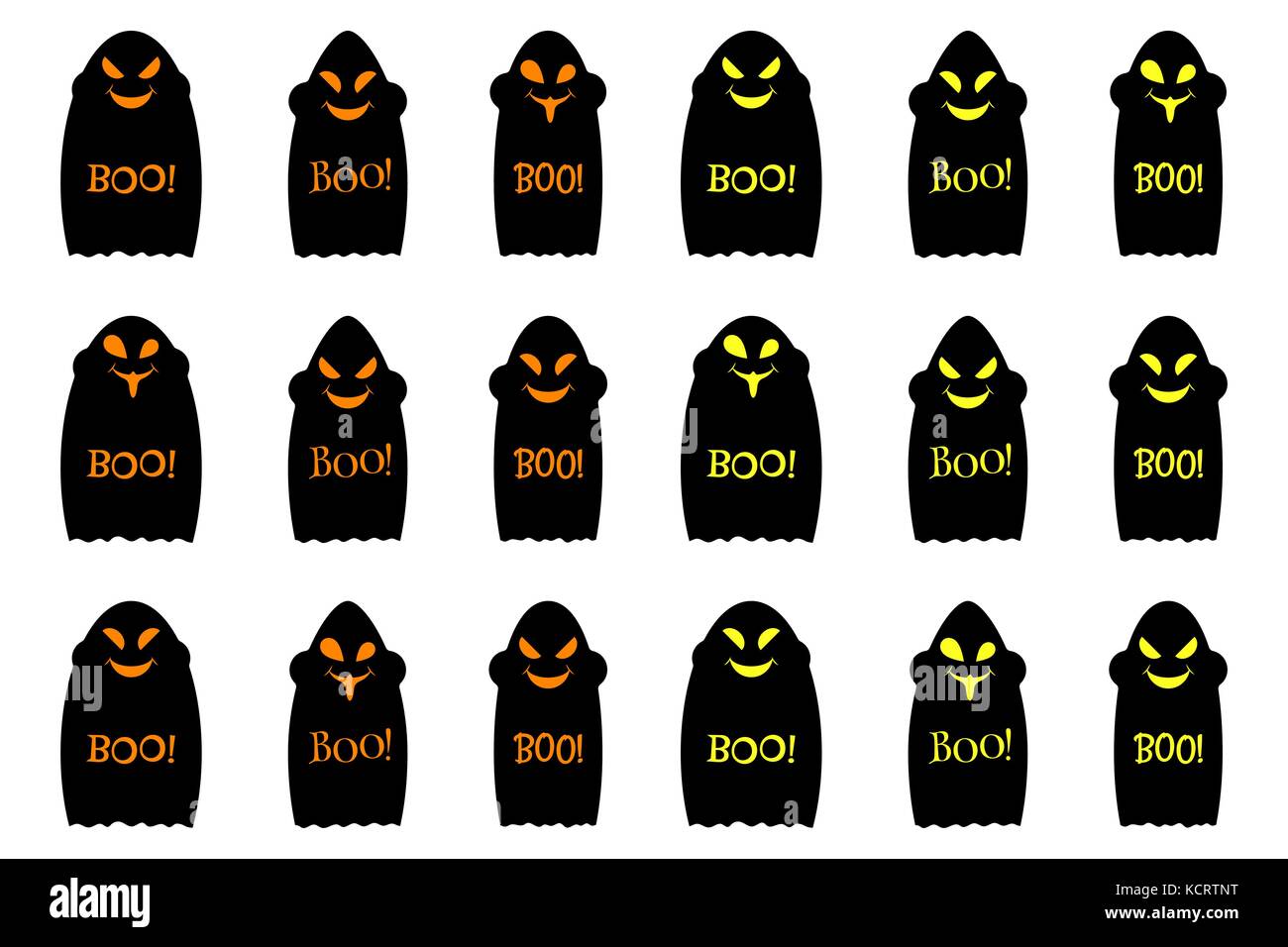 Halloween ghost con iscrizione boo, set di vettore black ghosts halloween, vacanze elementi di decorazione in arancione e giallo Illustrazione Vettoriale