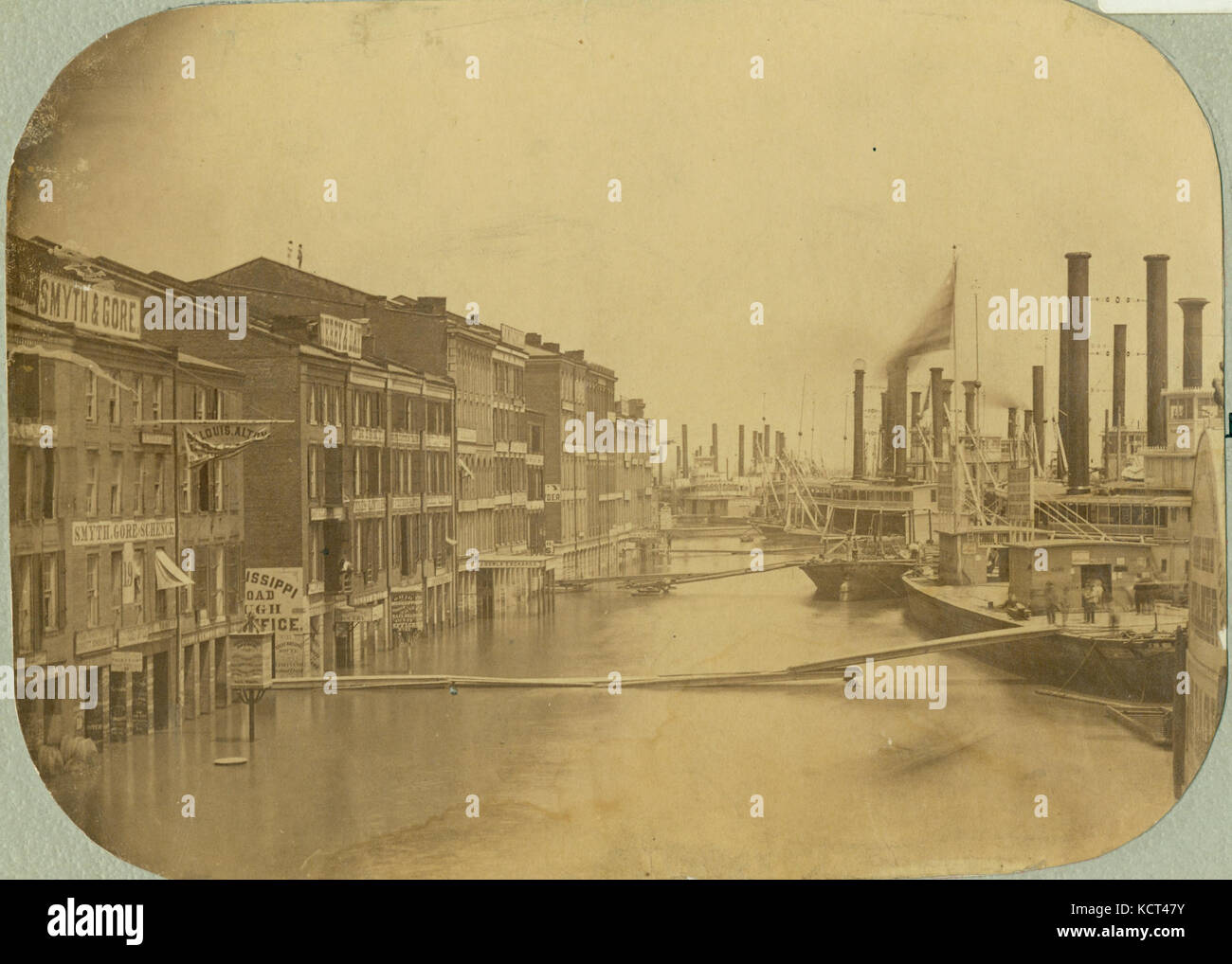 Acqua alta a St. Louis (argine allagata e front street, Str. Platte Valley a destra) 15 giugno 1858 Foto Stock