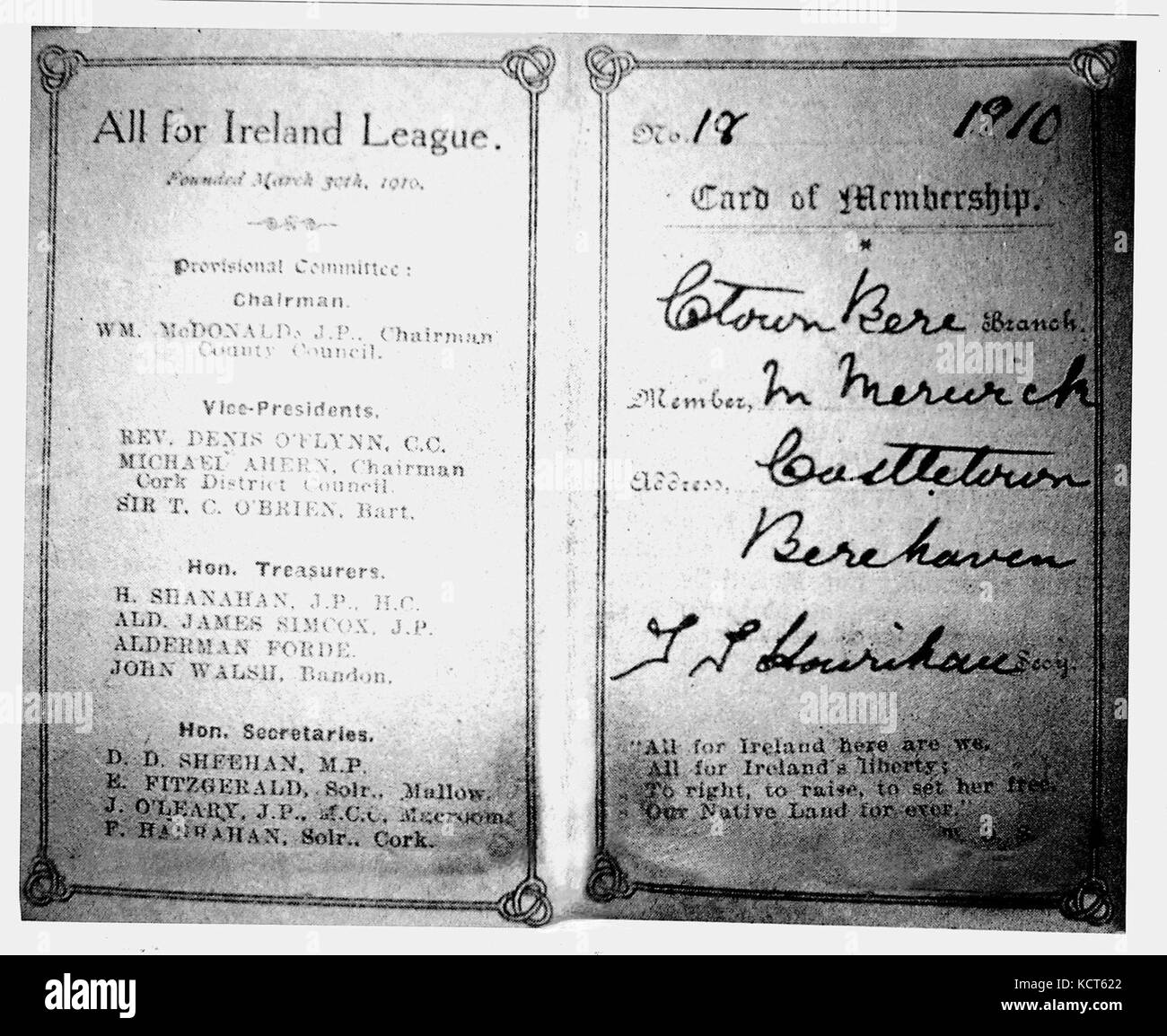 Tutti per Irlanda League Card, 1910 Foto Stock