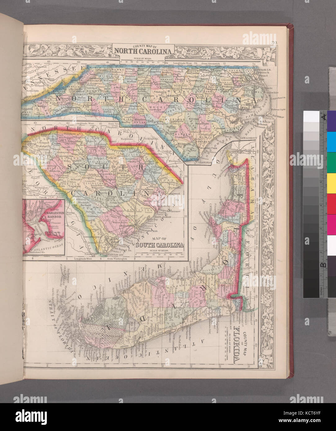 Mappa della contea del North Carolina, mappa della Carolina del Sud, County Map of Florida; Mappa del porto di Charleston (inserto) (NYPL B13663520 1510810) Foto Stock