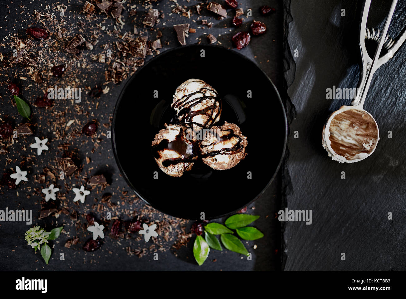 Ciotola con cioccolato e rum gelato, vista top shot. Foto Stock