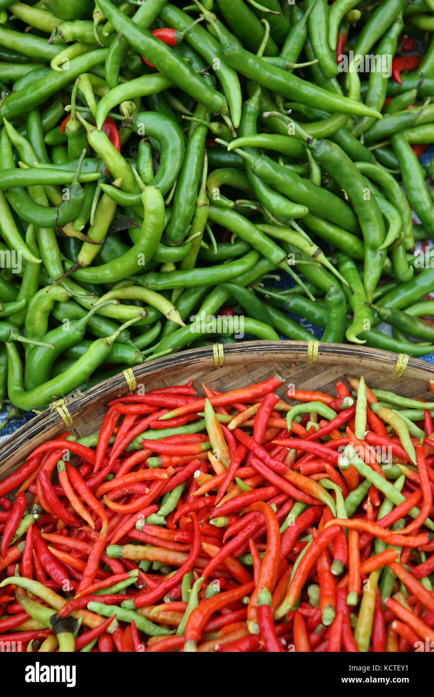 Rote und grüne Chili Schoten auf Markt in einem Korb - peperoncini rossi e verdi sul mercato in un paniere Foto Stock