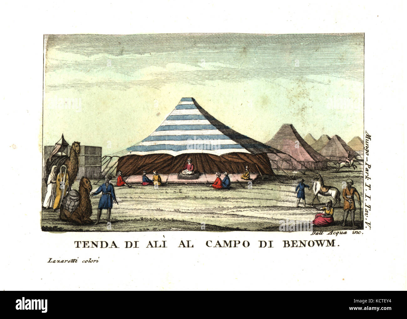 Vista di un accampamento moresco: Re Ali tenda a Benowm, regno di Ludamar. Ali seduto su una pelle nera clipping cuscino i peli sul suo labbro superiore mentre una femmina servo tenutasi a specchio. Da Mungo Park viaggi all'interno dell'Africa. Incisione su rame da Dell'Acqua handcolored da Lazaretti da Giovanni Battista Sonzogno la raccolta dei più interessanti Viaggi (Raccolta de Viaggi più interessanti), Milano, 1815-1817. Foto Stock