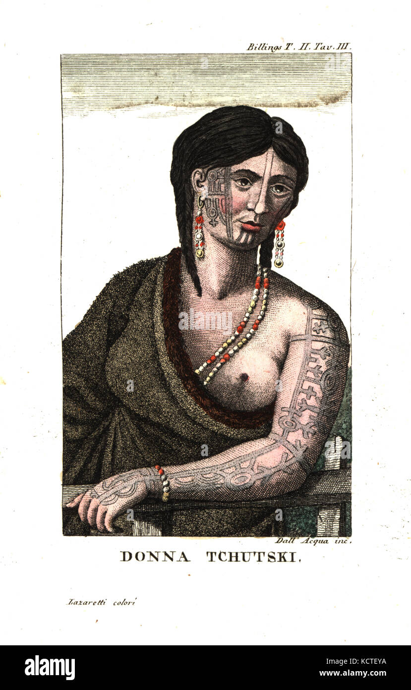 Chukchi donna con tatuaggi sulla sua guancia, il mento e il braccio e la ear piercing. (Chukotka regione, Russia). Da Joseph Billings e Martin Sauer è un conto di una spedizione per le regioni settentrionali della Russia. Incisione su rame da Dell'Acqua handcolored da Lazaretti da Giovanni Battista Sonzogno la raccolta dei più interessanti Viaggi (Raccolta de Viaggi più interessanti), Milano, 1815-1817. Foto Stock
